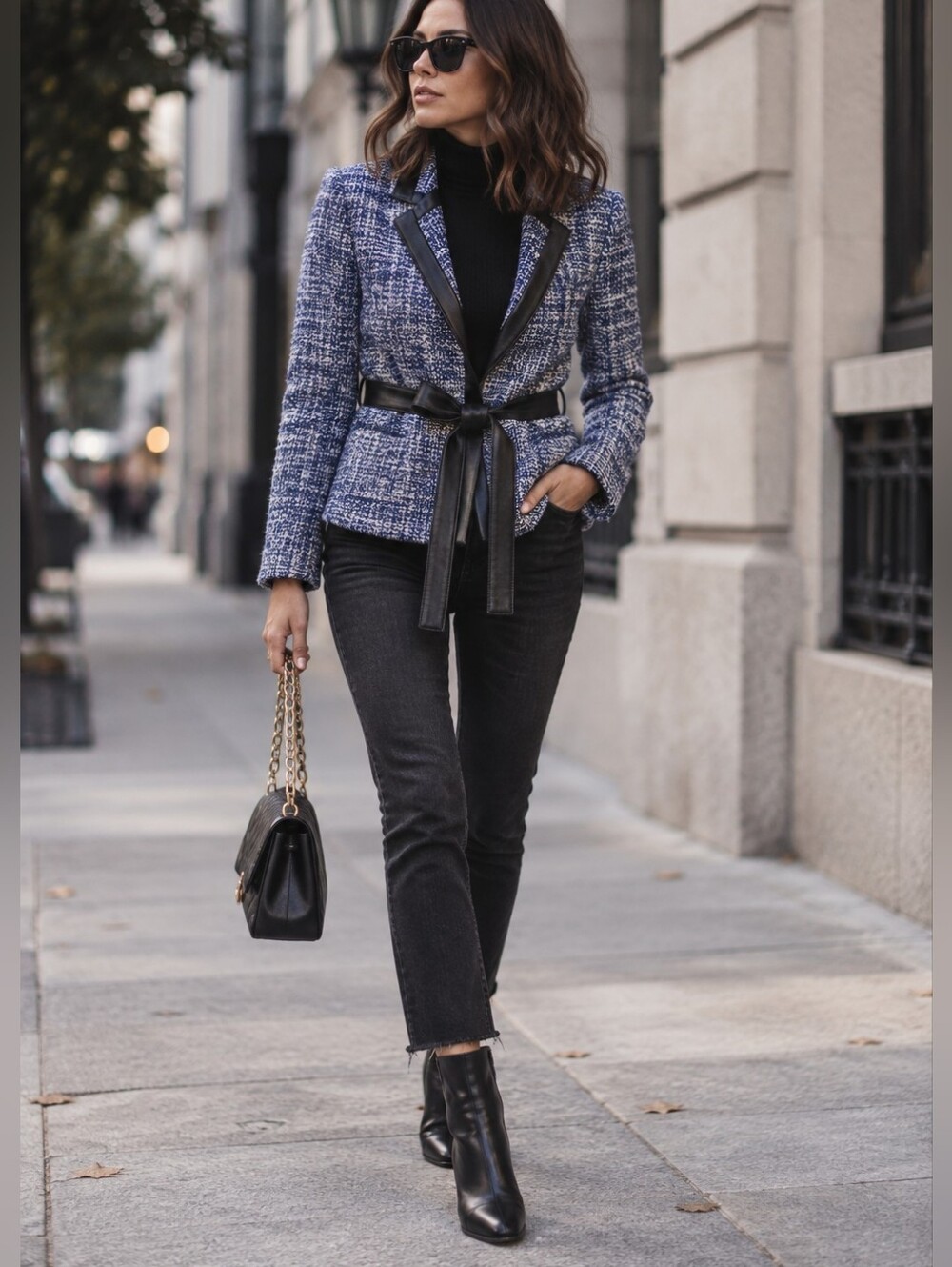 Banana Republic Blue Tweed Wool Blend Faux Leather Belted Jacket Size 12